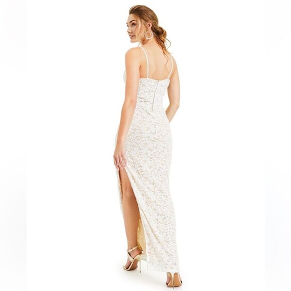 NWOT EMERALD SUNDAE | Juniors' Nude Slim Allover Lace Overlay Side-Slit Gown XL - Picture 2 of 11